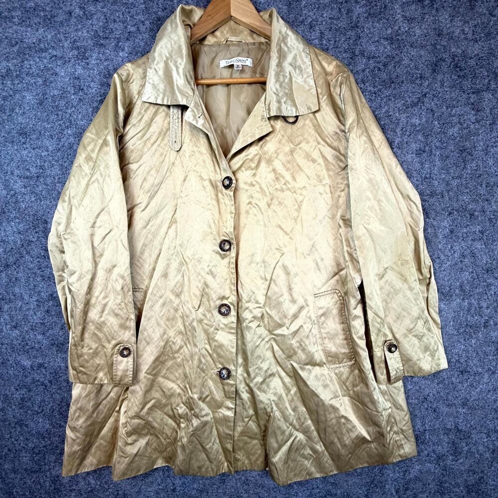 TravelSmith Jacket Womens 2X Gold Dressy Satin Lined Button Front Mid-Length